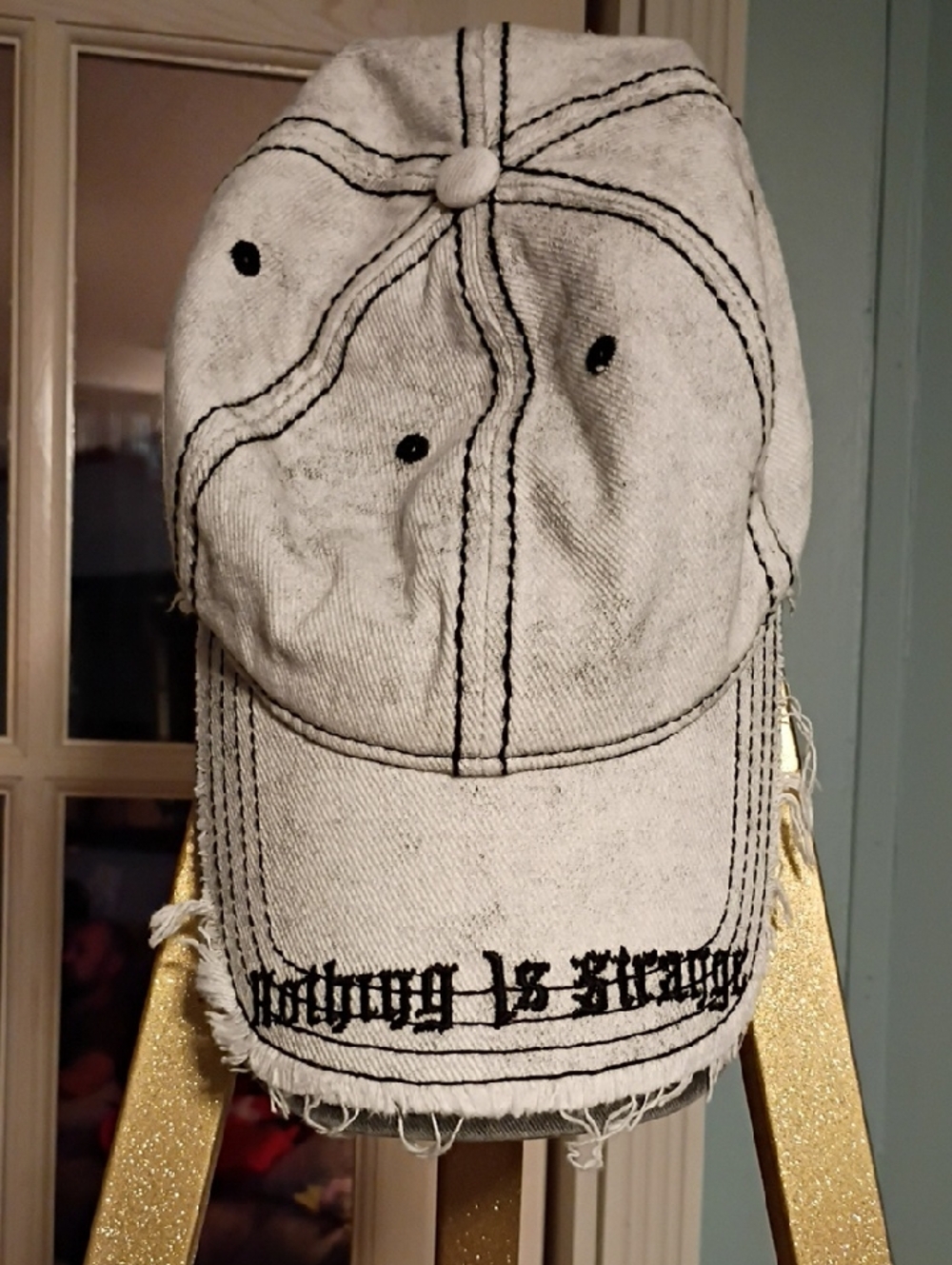 Light Gray Distressed Baseball Cap with Black Stitching